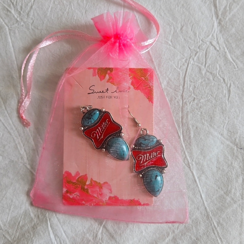 Miller Beer Dangle Faux Turquoise Pierced Earrings